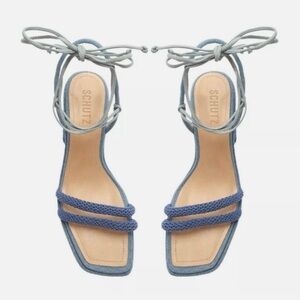 Schutz Leenah Denim Wraparound Lace Up Open Toe Block High Heel Sandals